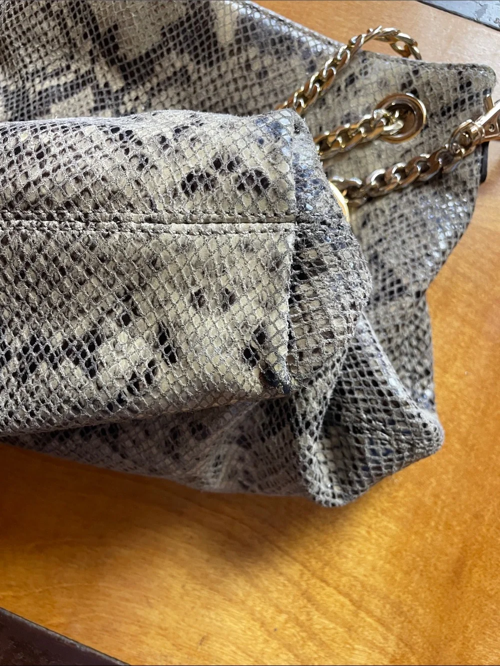 Michael Kors Snake-Print Shoulder Tote in Taupe and Black with Gold Hardware
